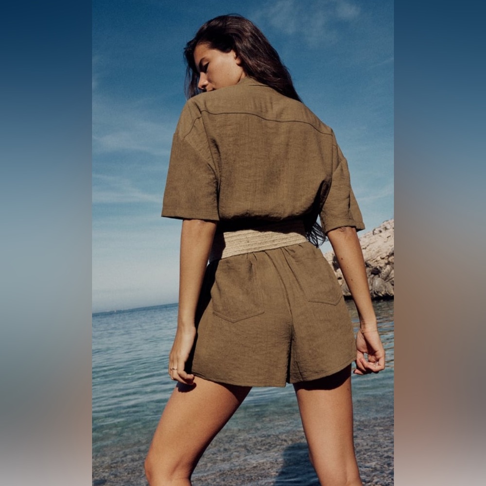 Zara short sleeve dark olive green romper jumpsuit - Picture 2 of 11